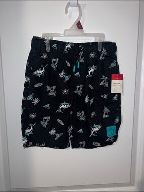 Black Shark-Print Hybrid Swim Shorts with Elastic Waist